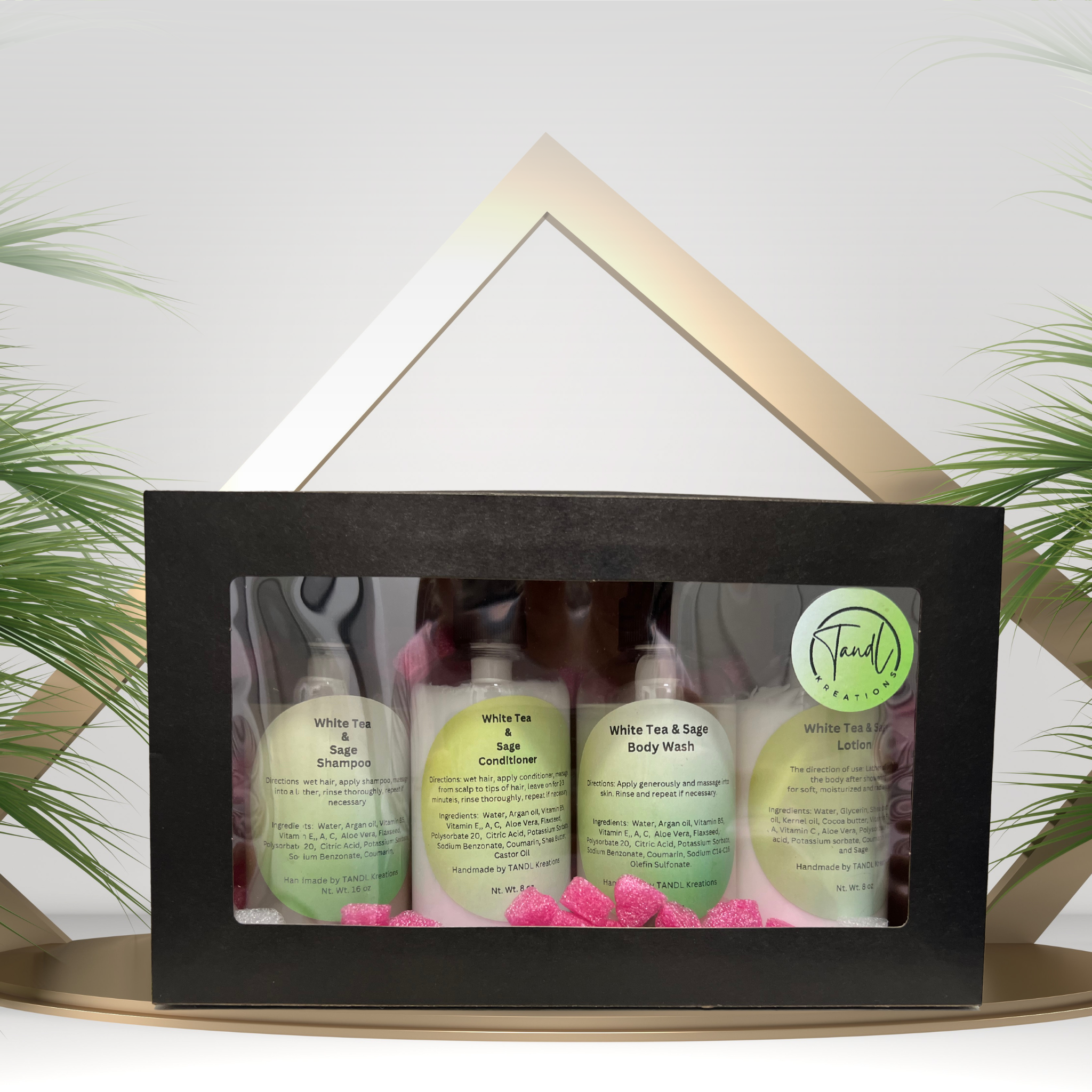 TandL Kreations white tea and sage complete body care set boxed