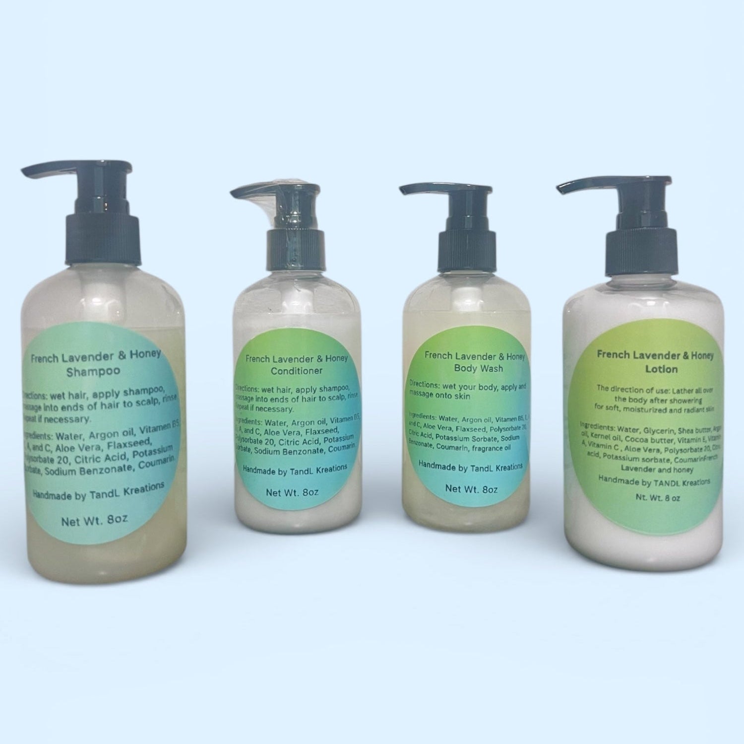 Hair and Body Care Set | French Lavender & Honey| 4- 8oz | Shampoo, Conditioner, Body Wash and Lotion ||TandL Kreations 