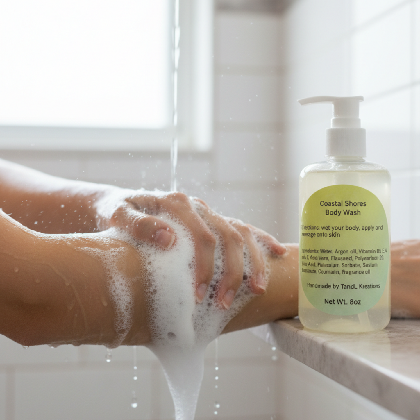 Coastal Shores Body Wash being used on arms tandl kreations argan oil 