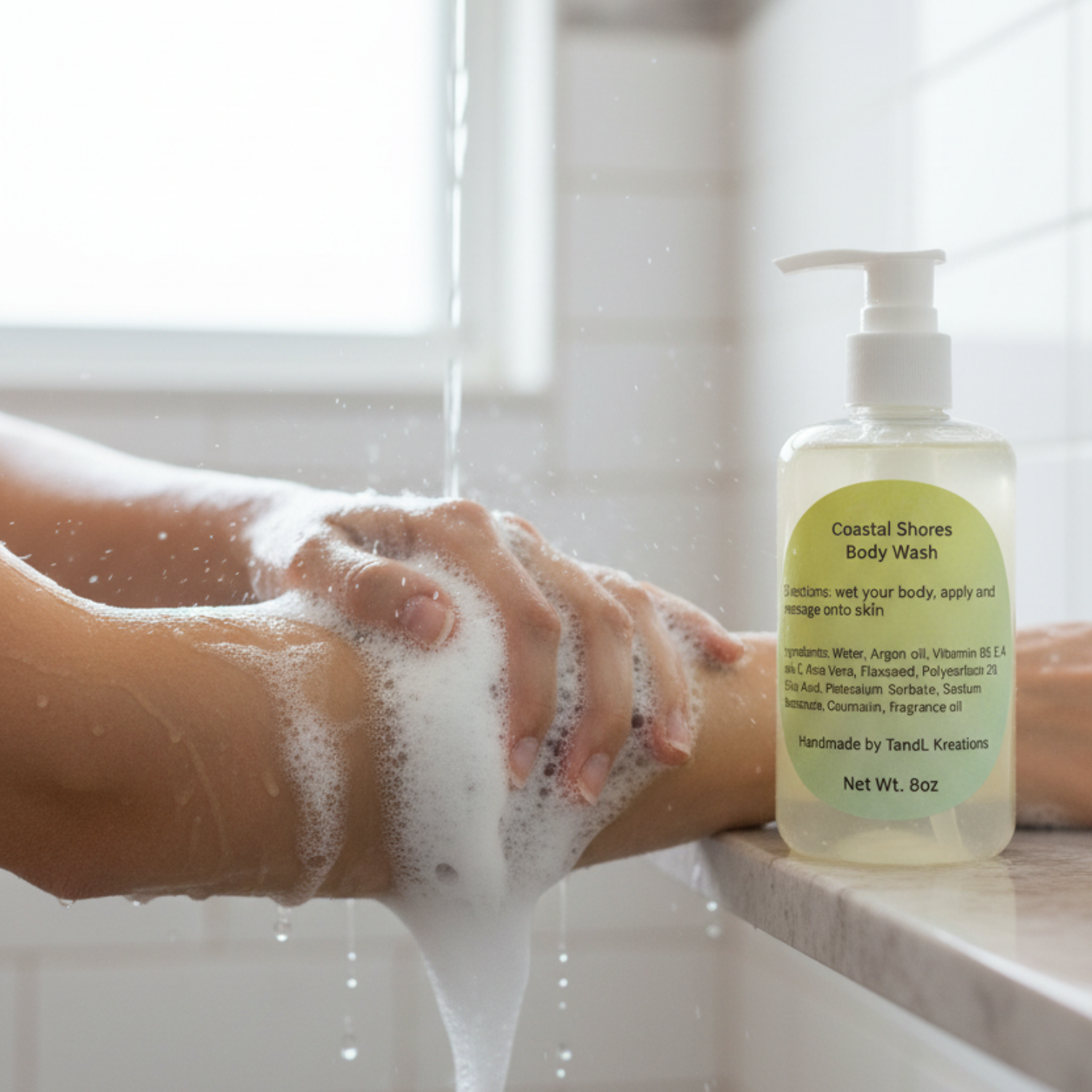 Coastal Shores Body Wash being used on arms tandl kreations argan oil 