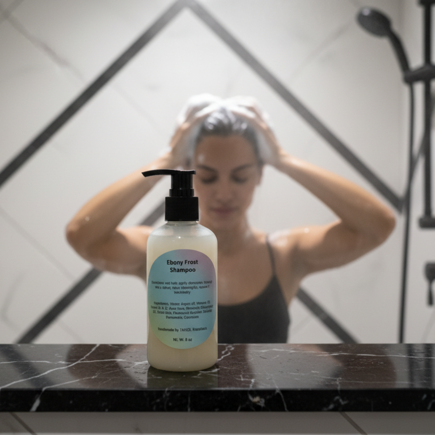 Ebony Frost Shampoo - Person Lathering in Shower