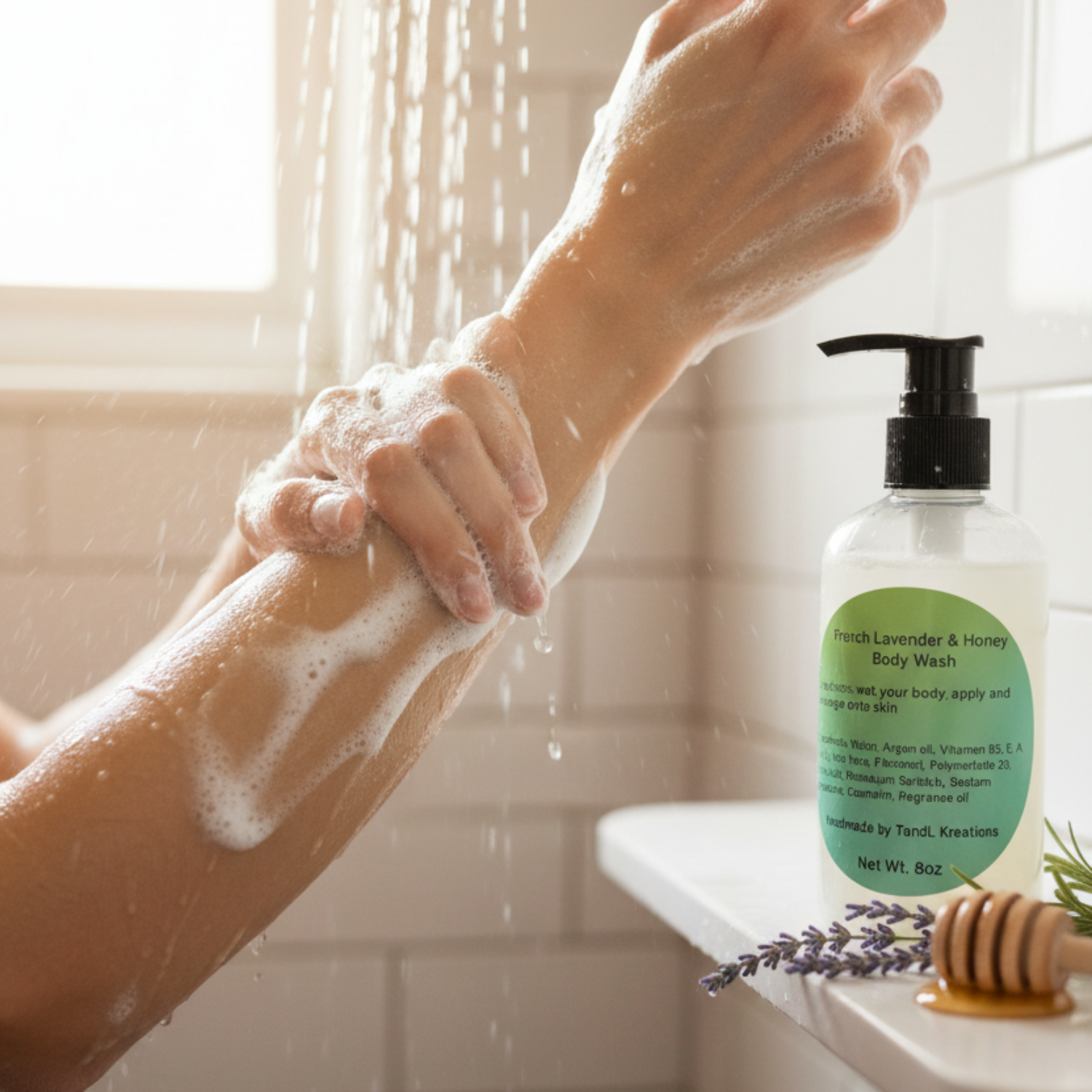 French Lavender & Honey Body Wash being used on arms tandl kreations argan oil