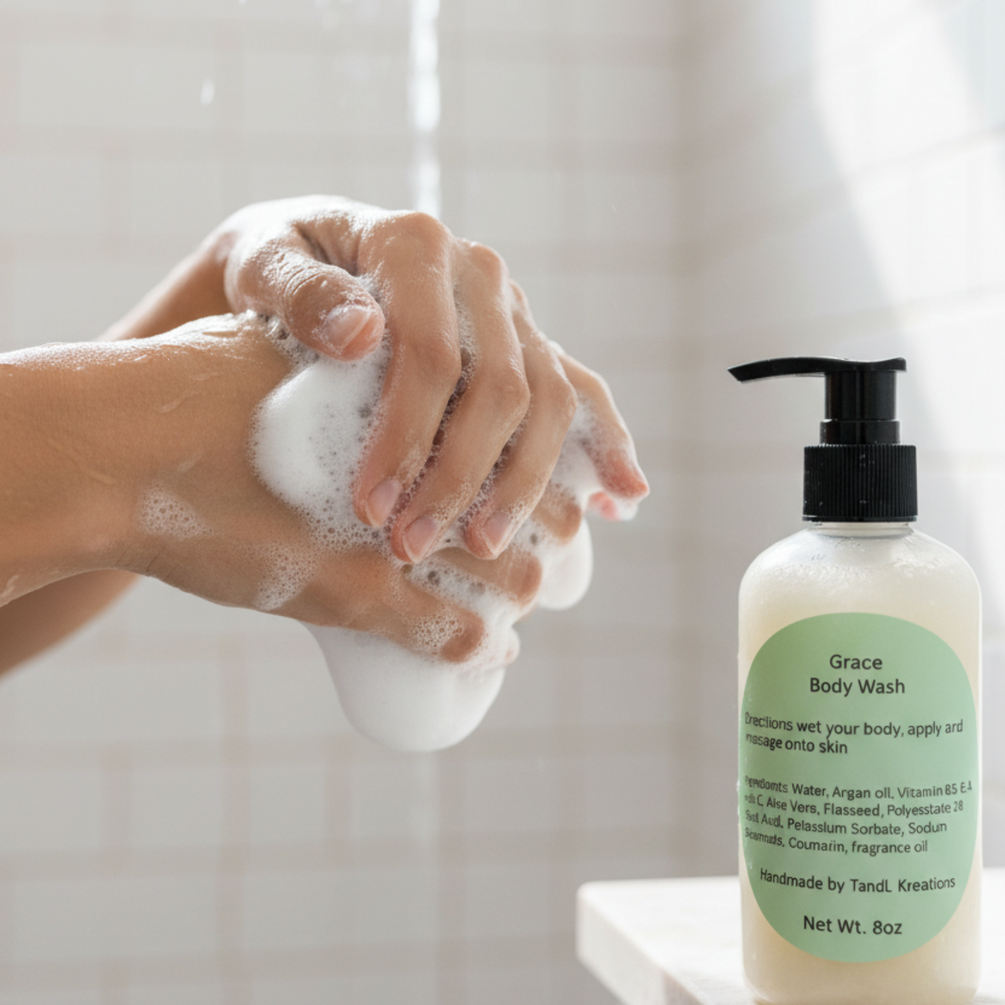 Grace Body Wash being used on arms tandl kreations