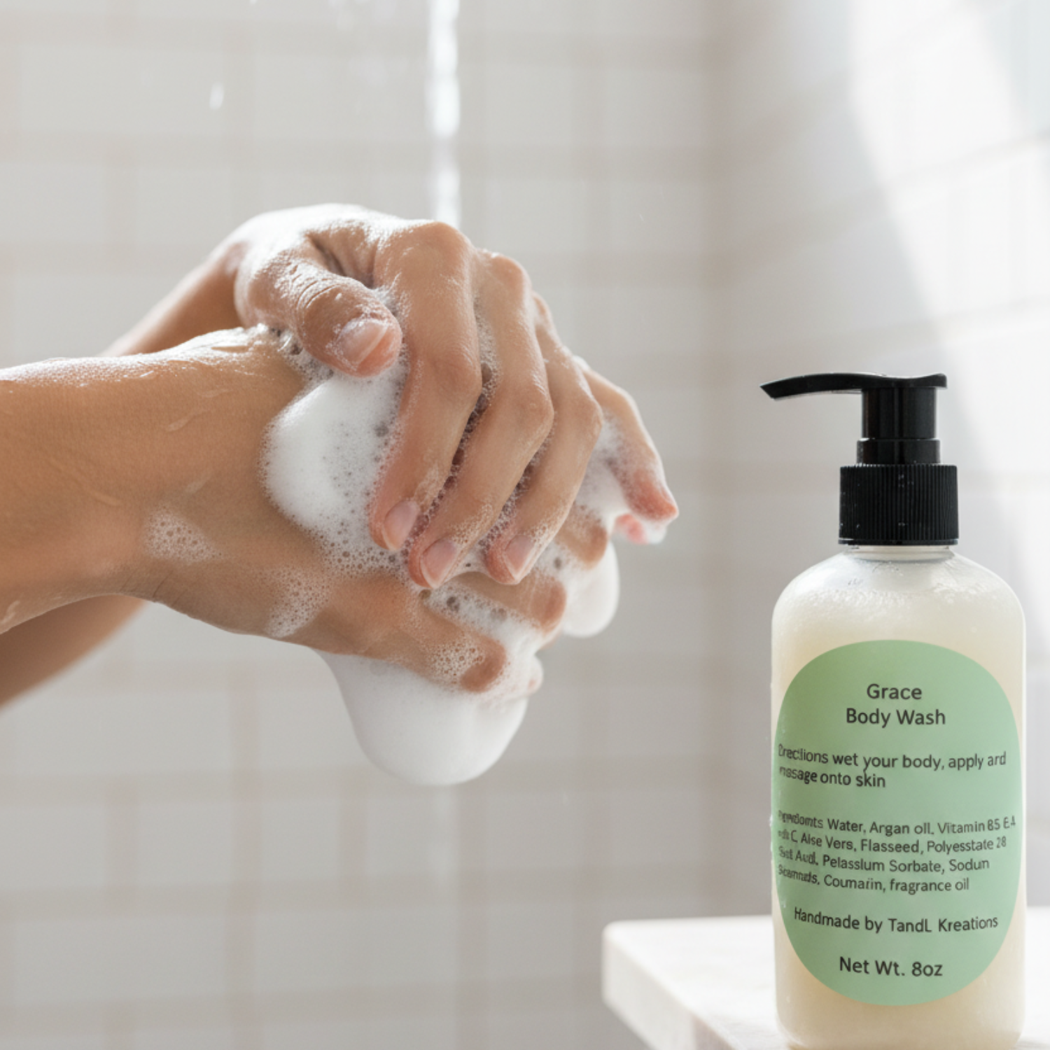 Grace Body Wash being used on arms tandl kreations