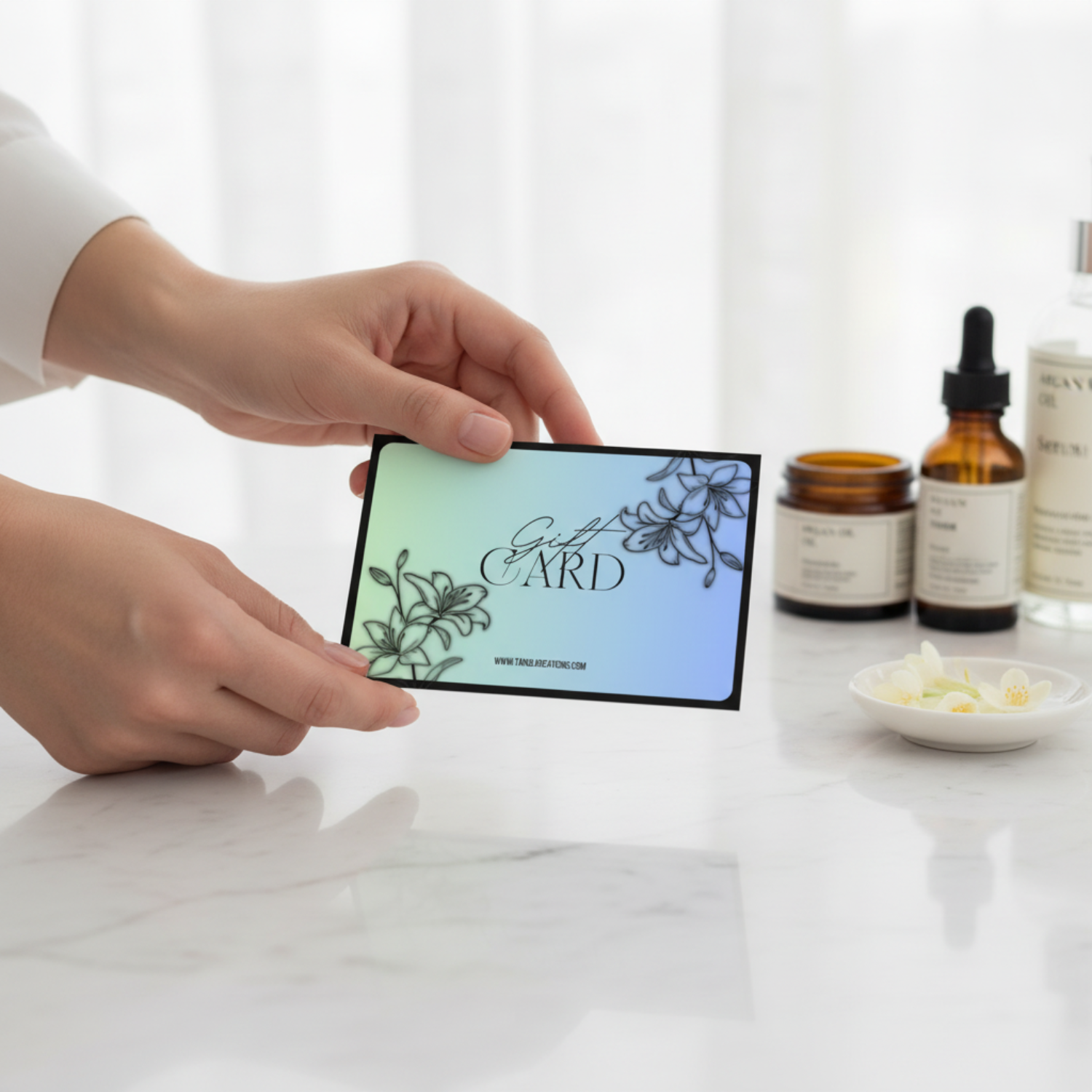 Hands holding gift card