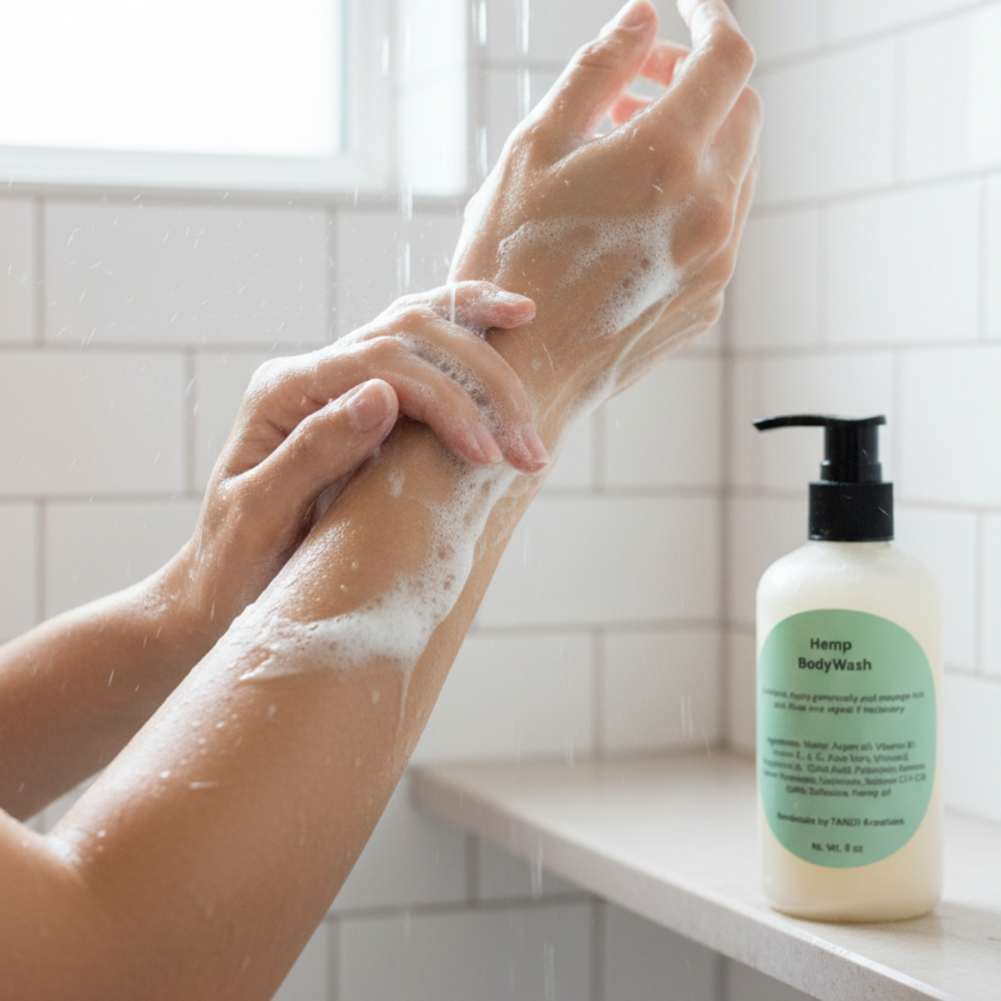Hemp Body Wash being used on arms tandl kreations argan oil 