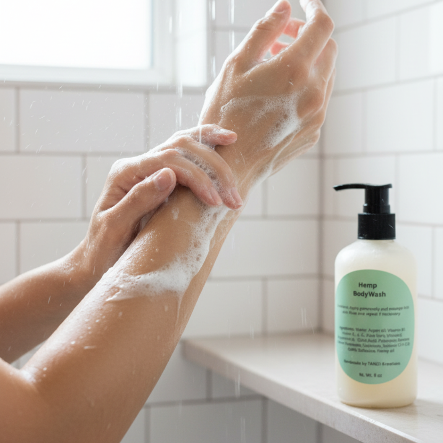Hemp Body Wash being used on arms tandl kreations argan oil 
