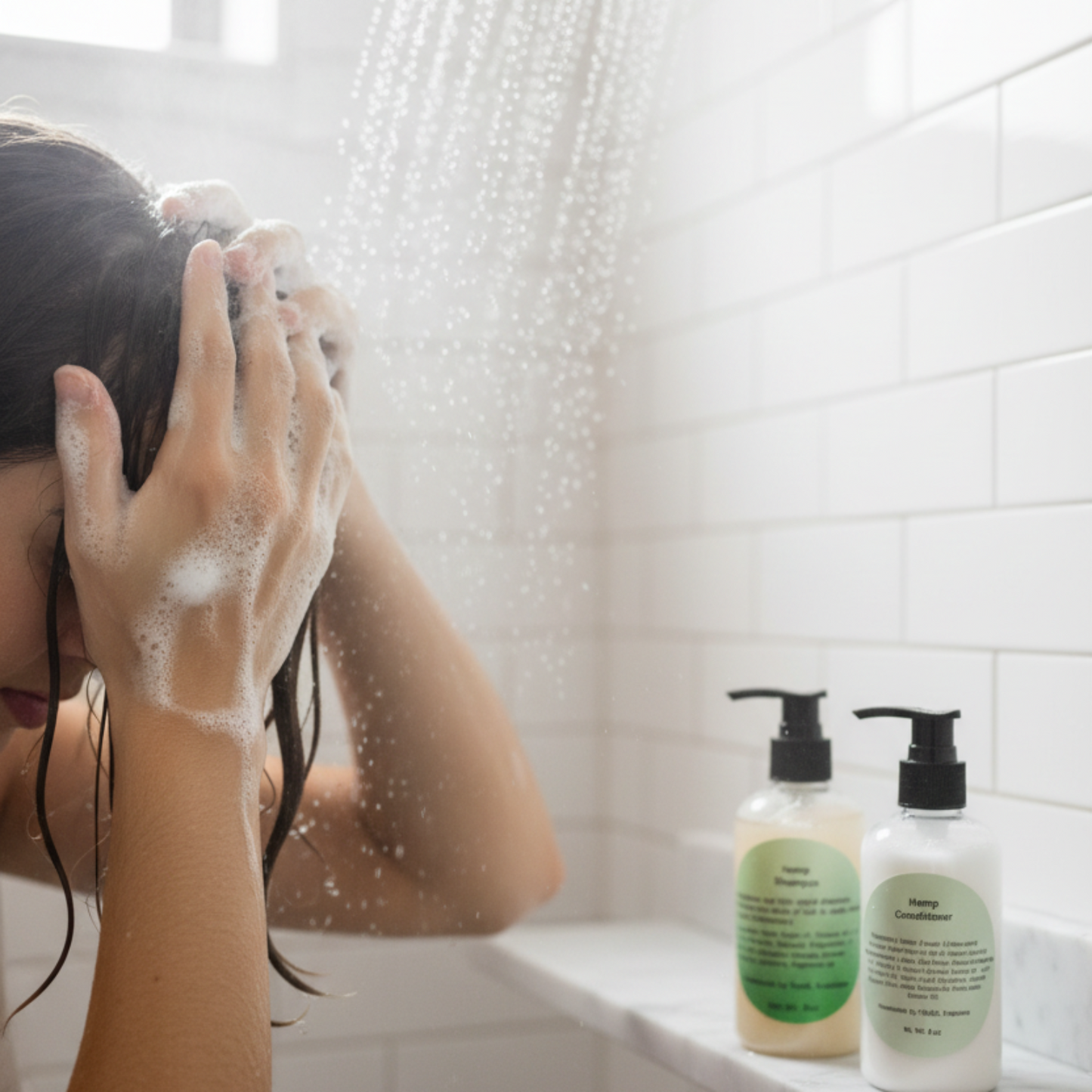 Hemp mini bundle shampoo in use