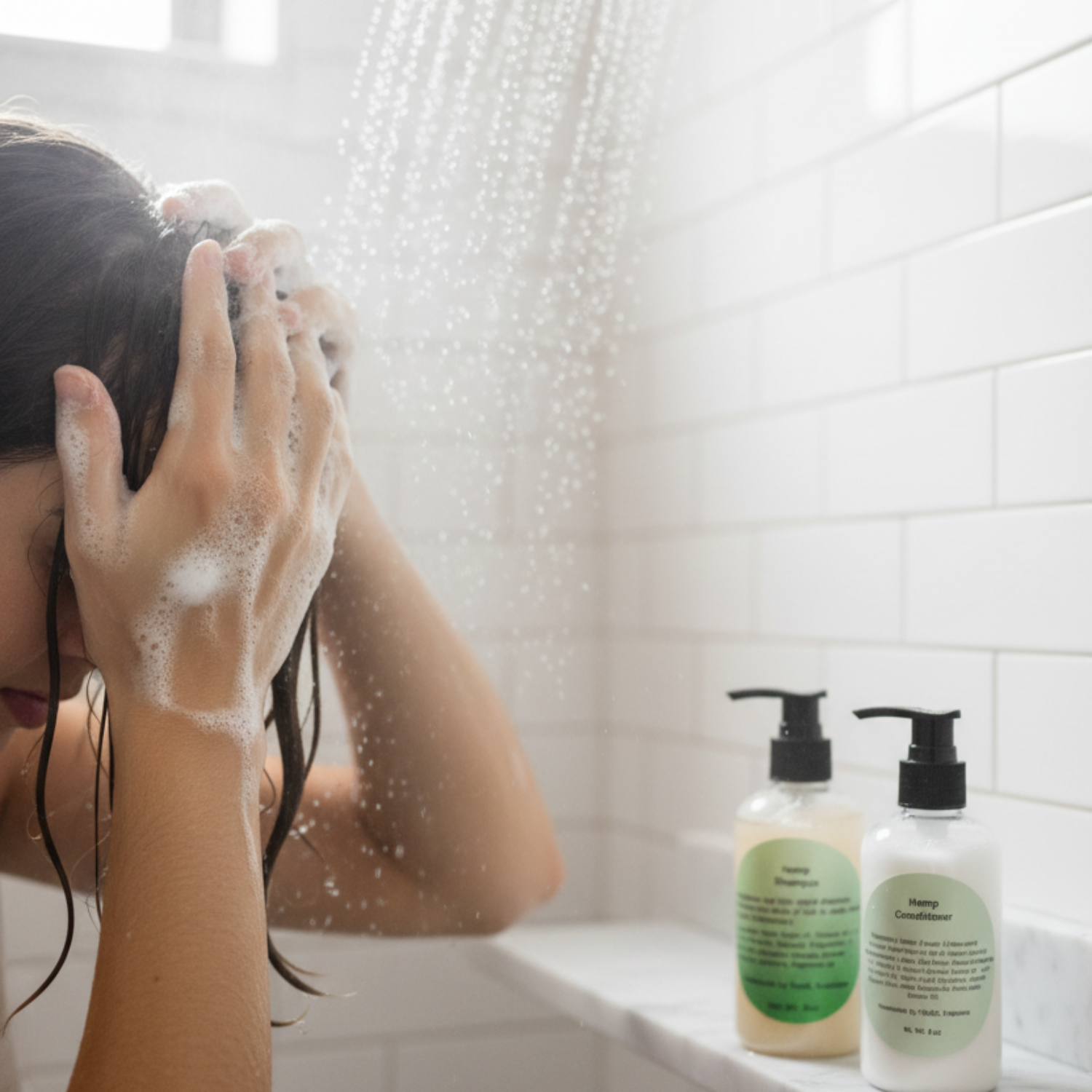 Hemp mini bundle shampoo in use