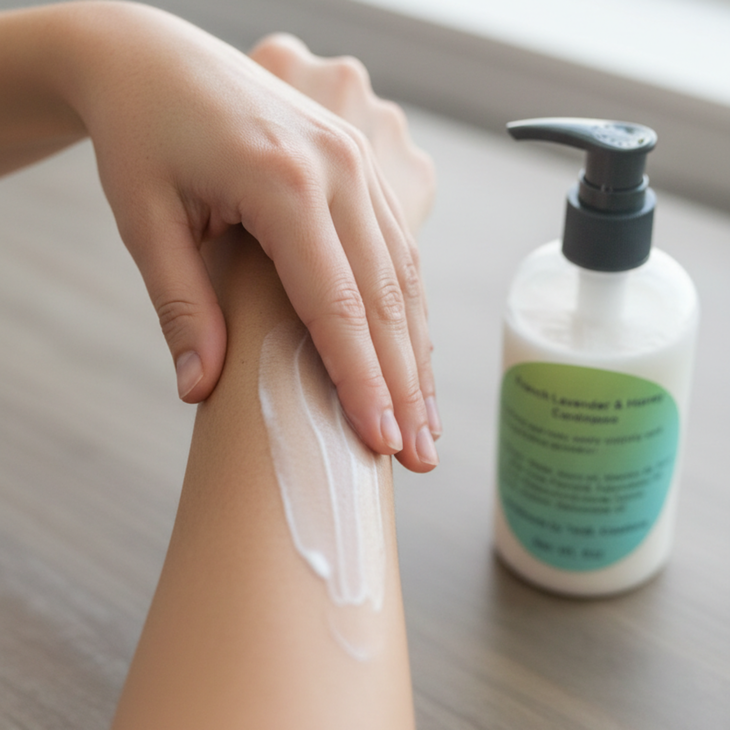 Lotion POV on arms TandL Kreations French Lavender & Honey Hair and body care set