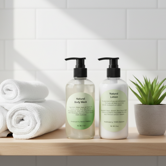 Natural duo on bathroom shelf