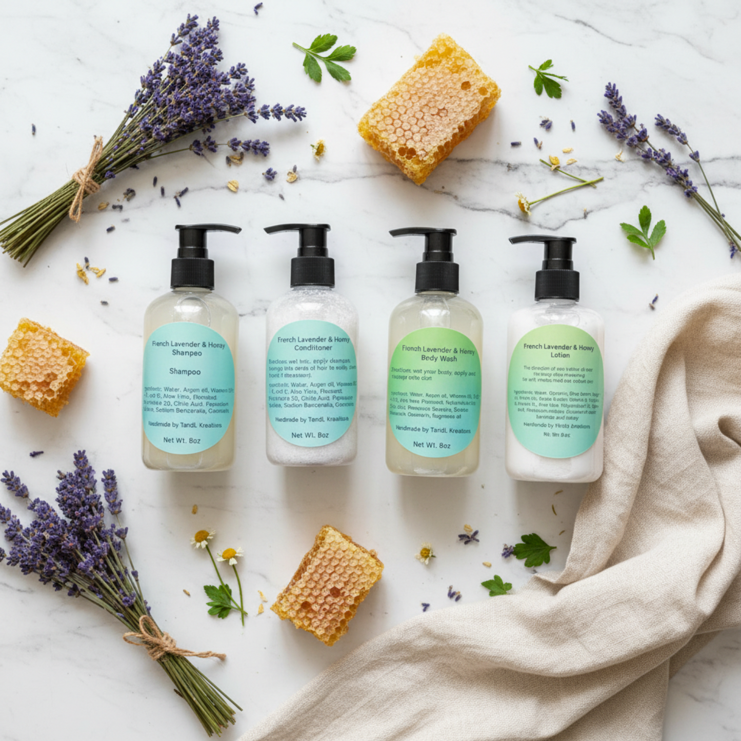 Overhead flat lay TandL Kreations French Lavender & Honey Hair and body care set