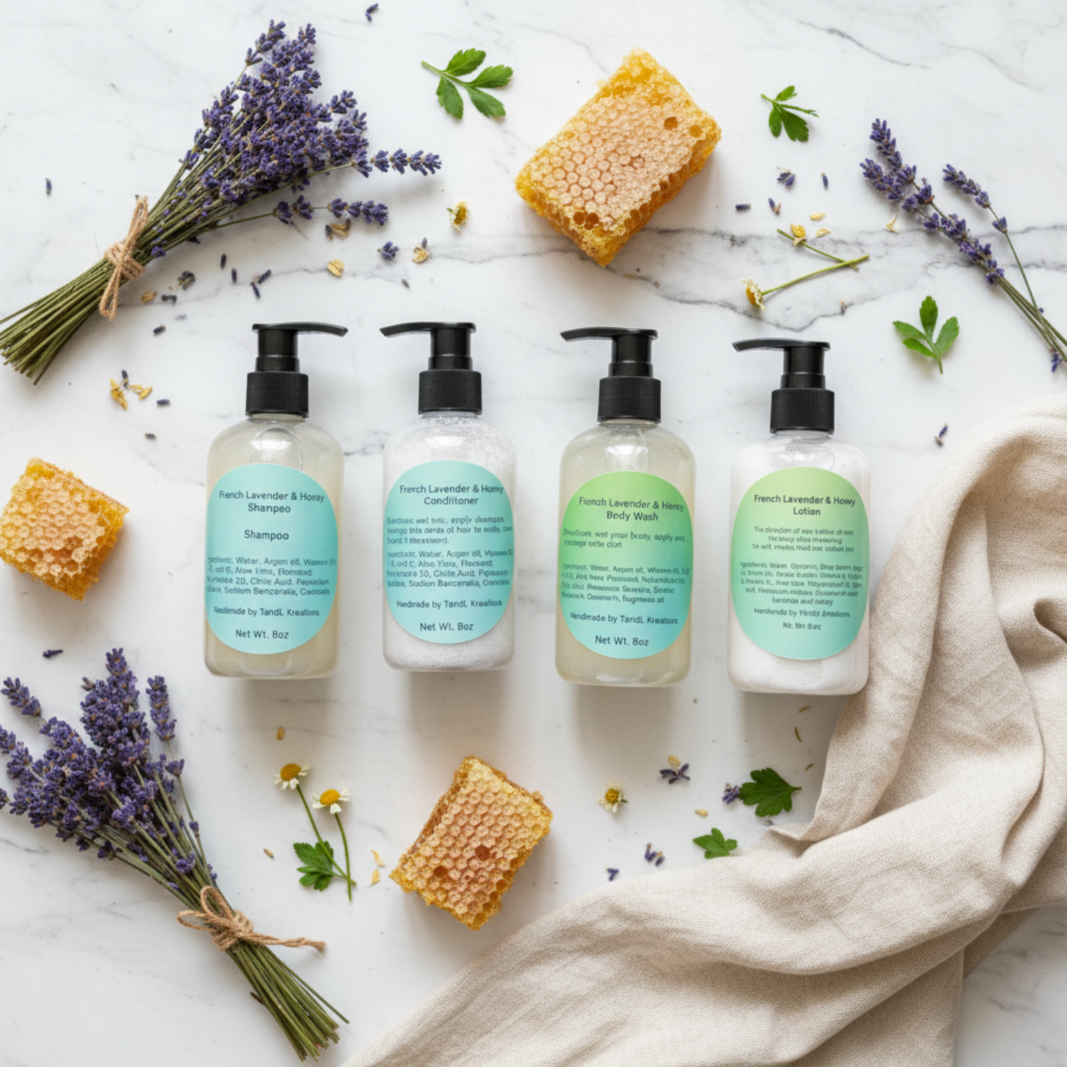 Overhead flat lay TandL Kreations French Lavender & Honey Hair and body care set