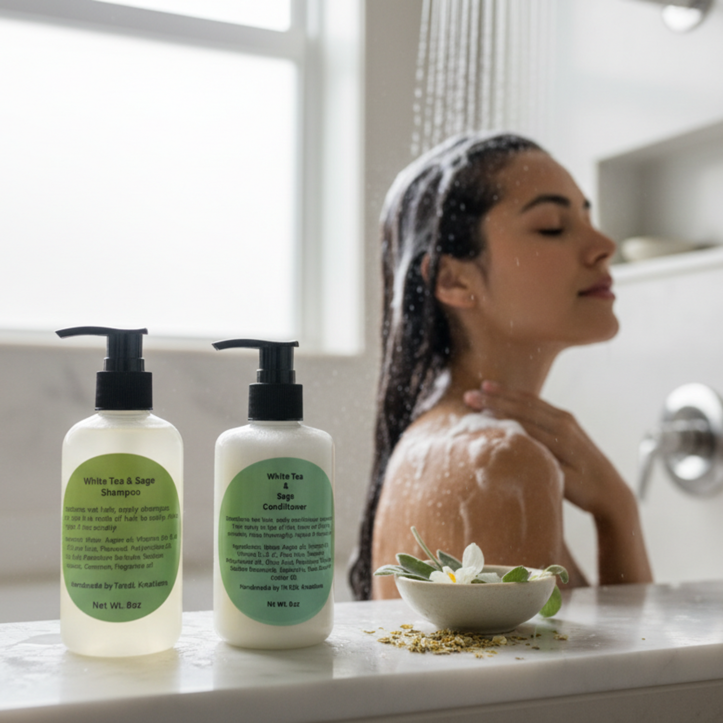 White Tea & Sage Duo - Shampoo & Conditioner in Use