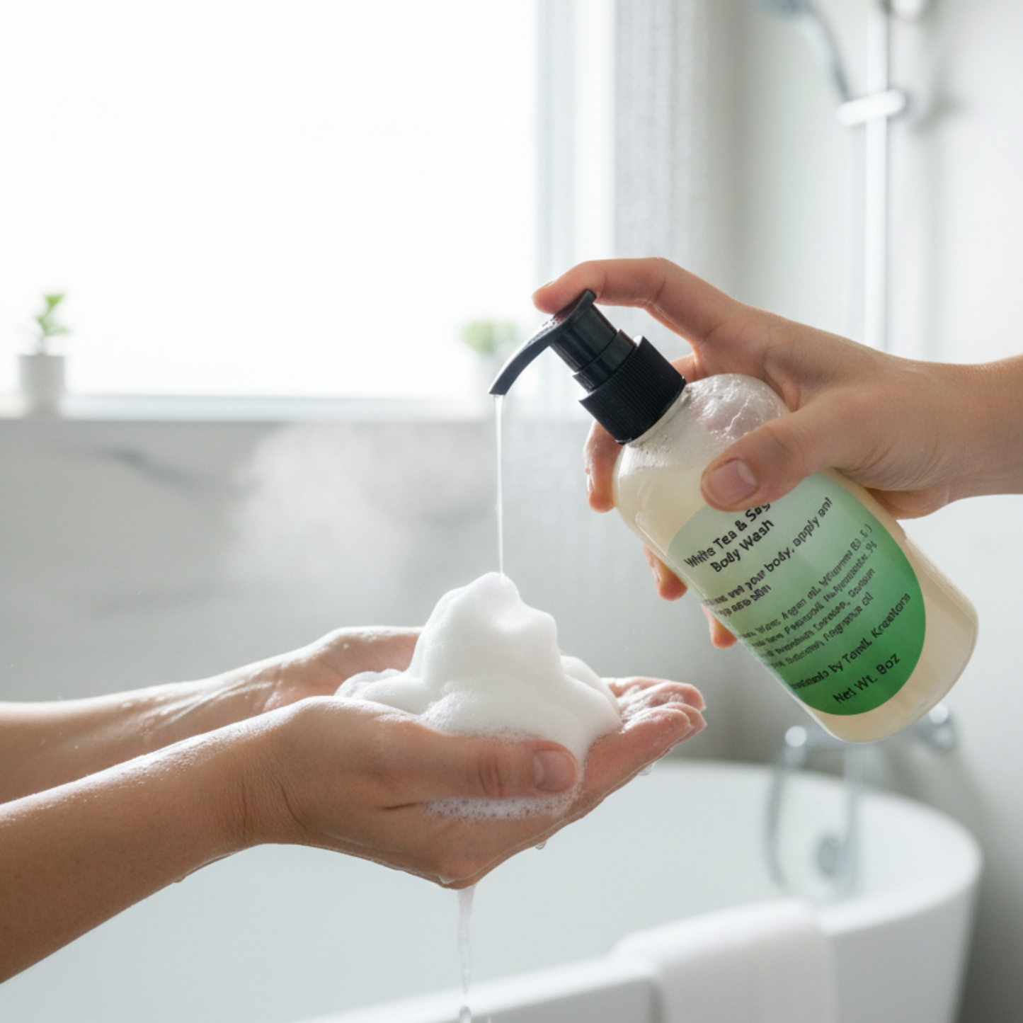 White Tea & Sage body wash  in use with suds tandl kreations argan oil 