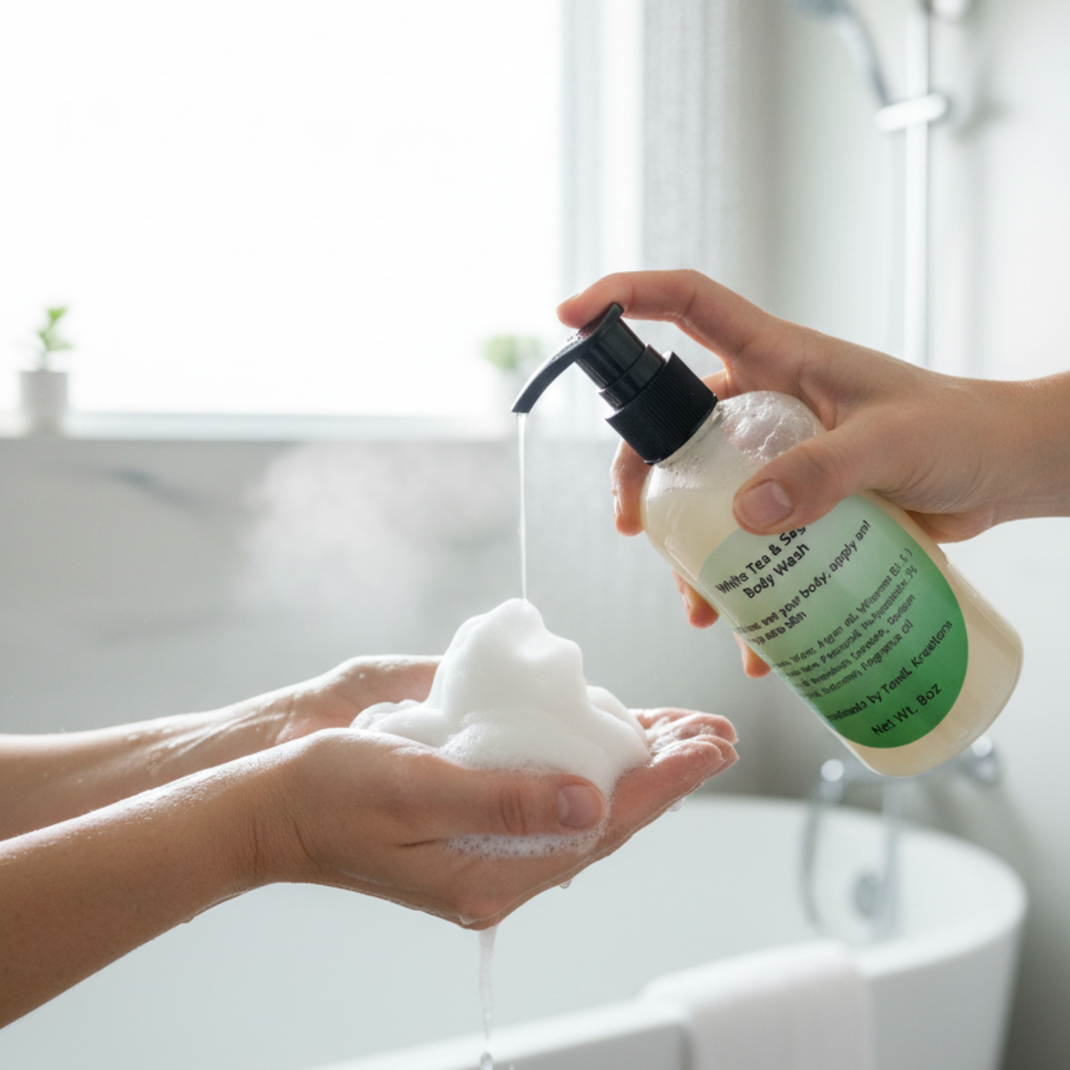 White Tea & Sage body wash  in use with suds tandl kreations argan oil 