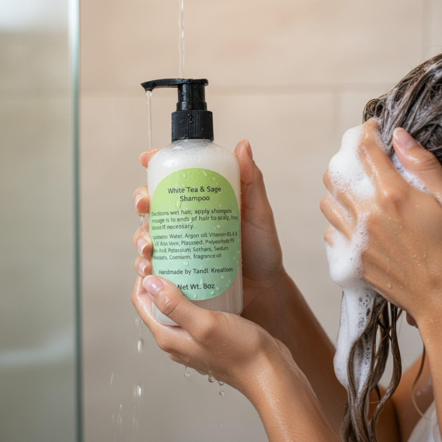 White Tea & Sage Shampoo In Use