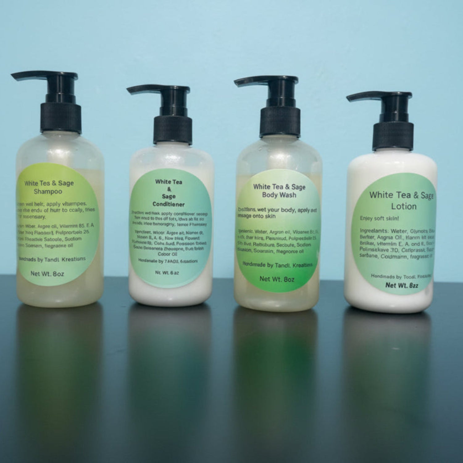 White Tea & Sage hair and body care set 4–8oz Shampoo, conditioner, body wash, lotion Argan oil TandL Kreations